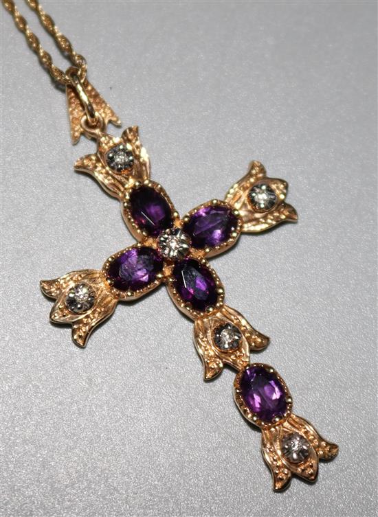 An Italian 14ct gold, amethyst and diamond set cross pendant, on a 14ct gold chain, pendent 1.75in.